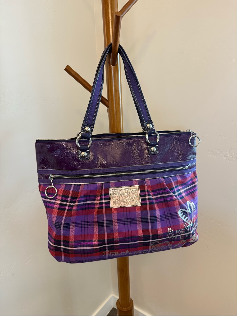 Coach Purple Plaid Tote with Gloss Trim